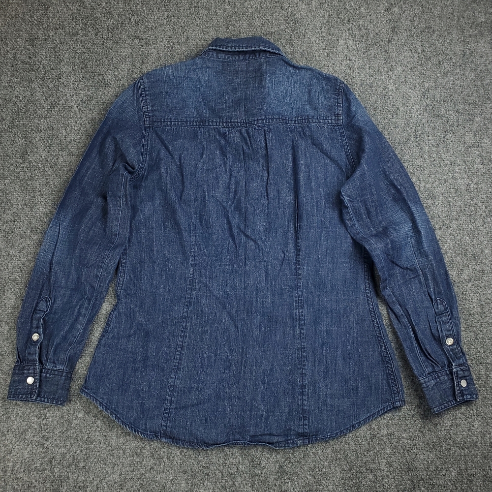 GH Bass Denim Western Jean Shirt Womens Small Pearl Snap Distressed Ranch Rodeo - Picture 2 of 10